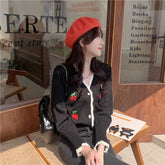 V-Neck Elegant Cherry Pattern Cardigan Sweater